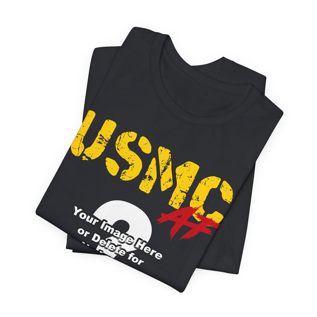 Personalized USMC Marine Corps AF T-shirt in Black shown folded, with gold USMC lettering and the custom photo area