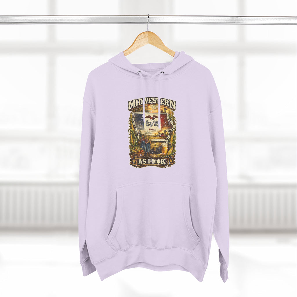 Slightly Salty Midwestern As F**K Iowa Hoodie – product photo 22 featuring a distressed vintage design featuring the outline of Iowa overlaid with the Iowa state flag, surrounded by towering corn stalks, rolling farmland, a classic red barn, a windmill, a tractor, and an overflowing harvest basket
