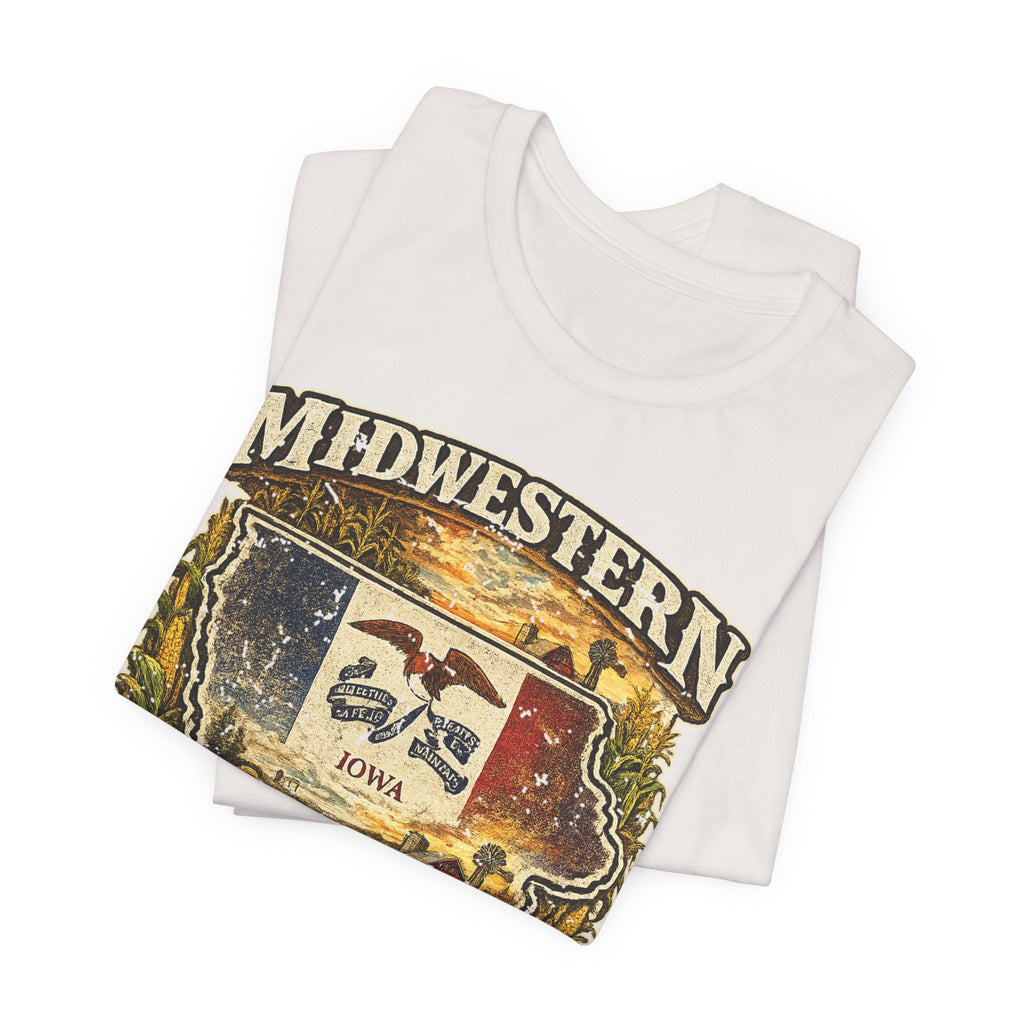 Slightly Salty Midwestern As F**K Iowa T-Shirt – product photo 24 featuring a distressed vintage design featuring the outline of Iowa overlaid with the Iowa state flag, surrounded by towering corn stalks, rolling farmland, a classic red barn, a windmill, a tractor, and an overflowing harvest basket