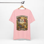 Midwestern As Fuck Iowa T-Shirt – product photo 17 featuring a distressed vintage design featuring the outline of Iowa overlaid with the Iowa state flag, surrounded by towering corn stalks, rolling farmland, a classic red barn, a windmill, a tractor, and an overflowing harvest basket