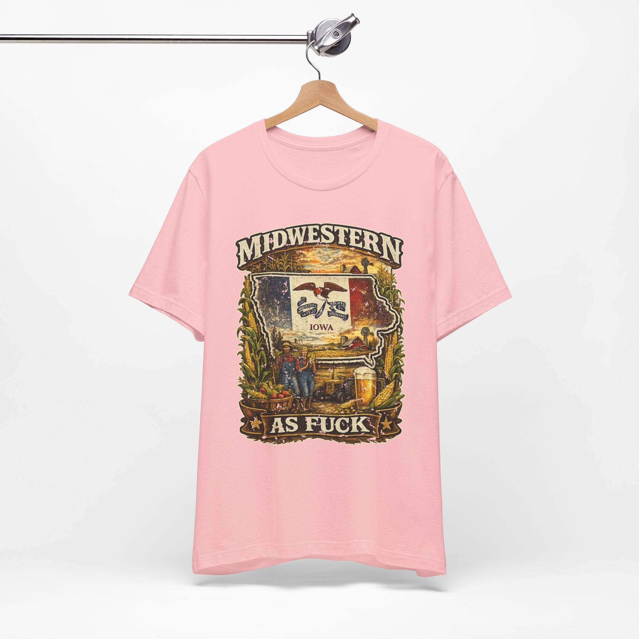 Midwestern As Fuck Iowa T-Shirt – product photo 17 featuring a distressed vintage design featuring the outline of Iowa overlaid with the Iowa state flag, surrounded by towering corn stalks, rolling farmland, a classic red barn, a windmill, a tractor, and an overflowing harvest basket