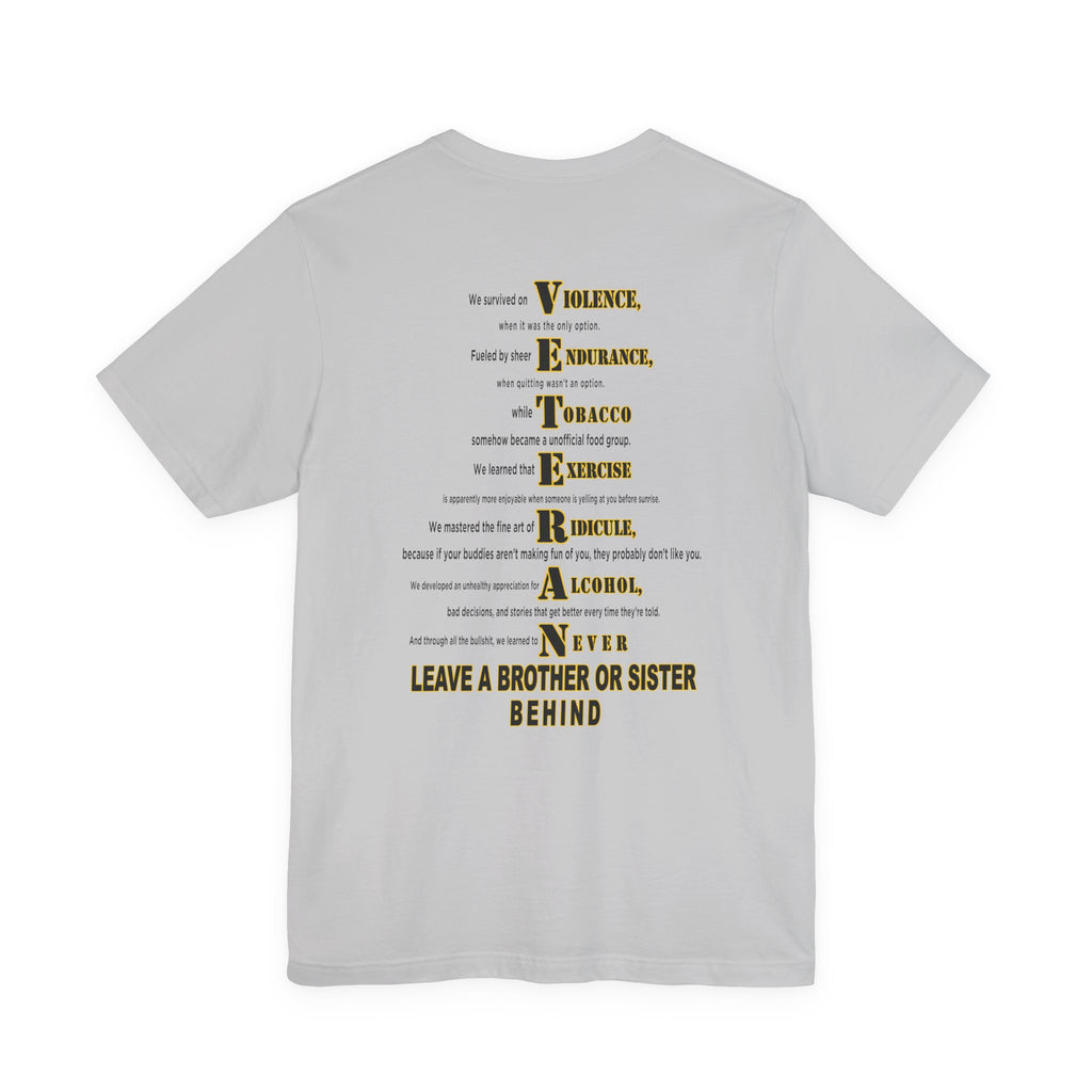 Army veteran T-shirt in Solid Athletic Grey showing the VETERAN acrostic back print