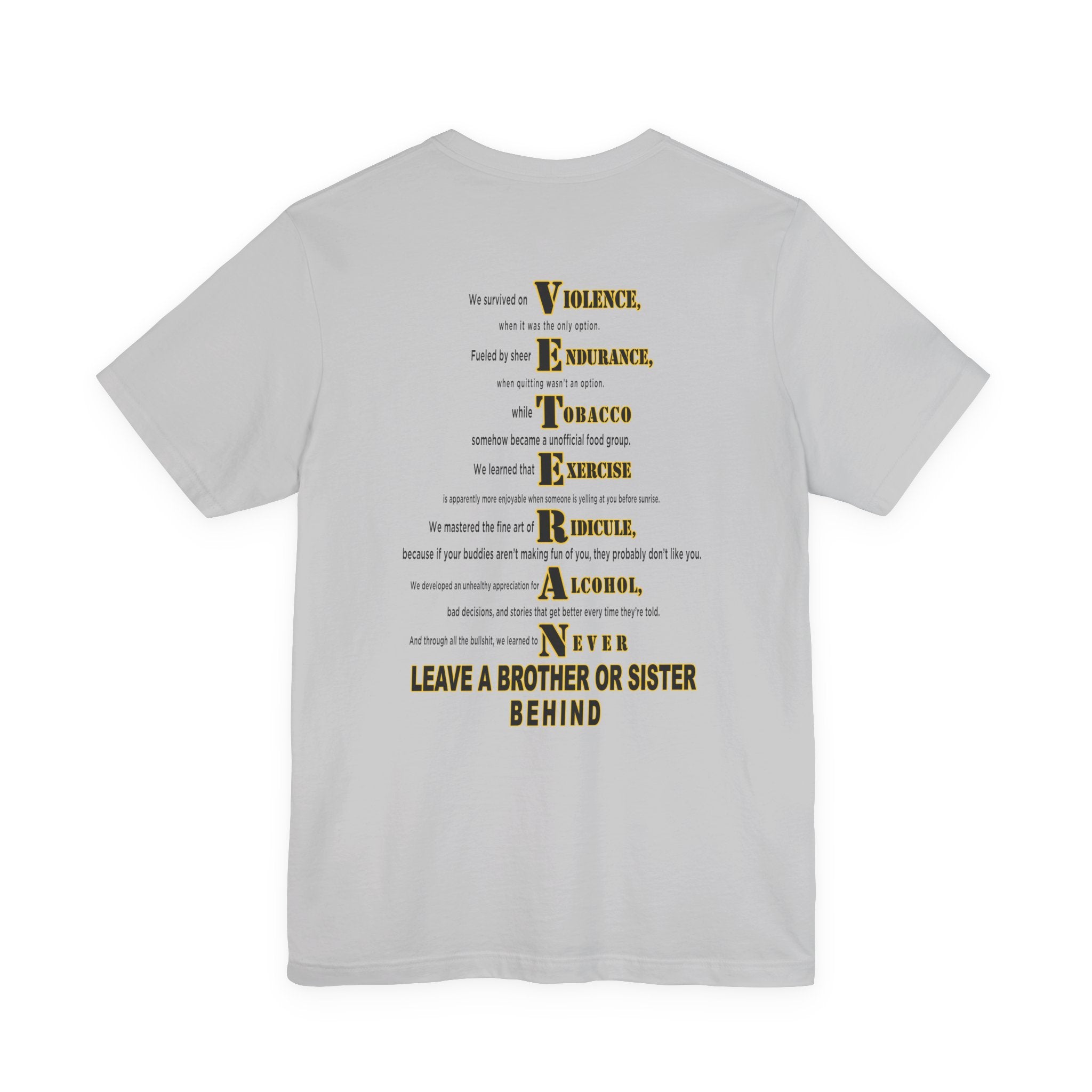 Army veteran T-shirt in Solid Athletic Grey showing the VETERAN acrostic back print