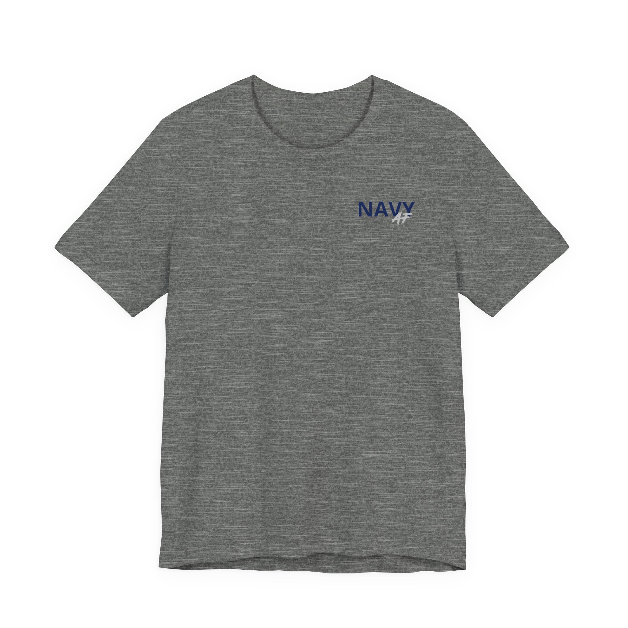 Navy veteran T-shirt in Deep Heather laid flat with the personalized NAVY left-chest print