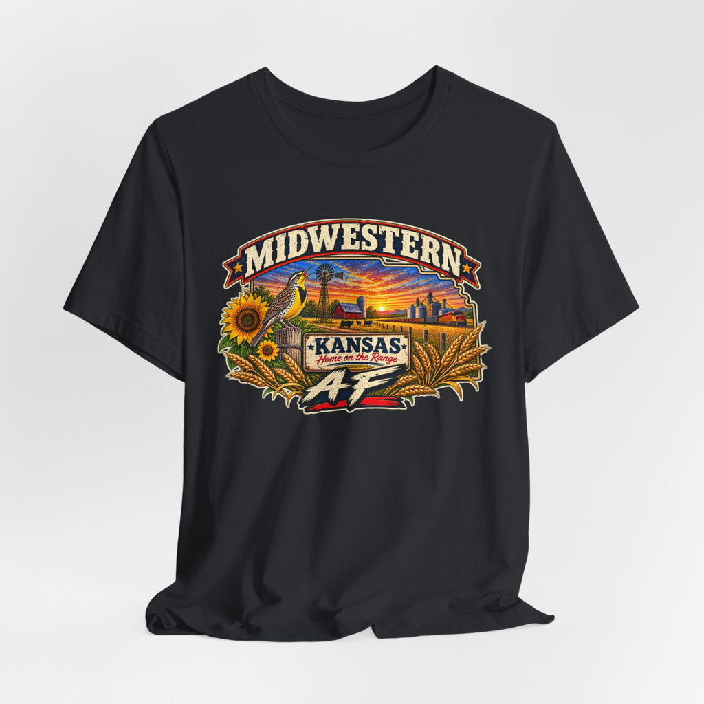 Vintage black Kansas AF T-shirt draped flat, full Sunflower State graphic