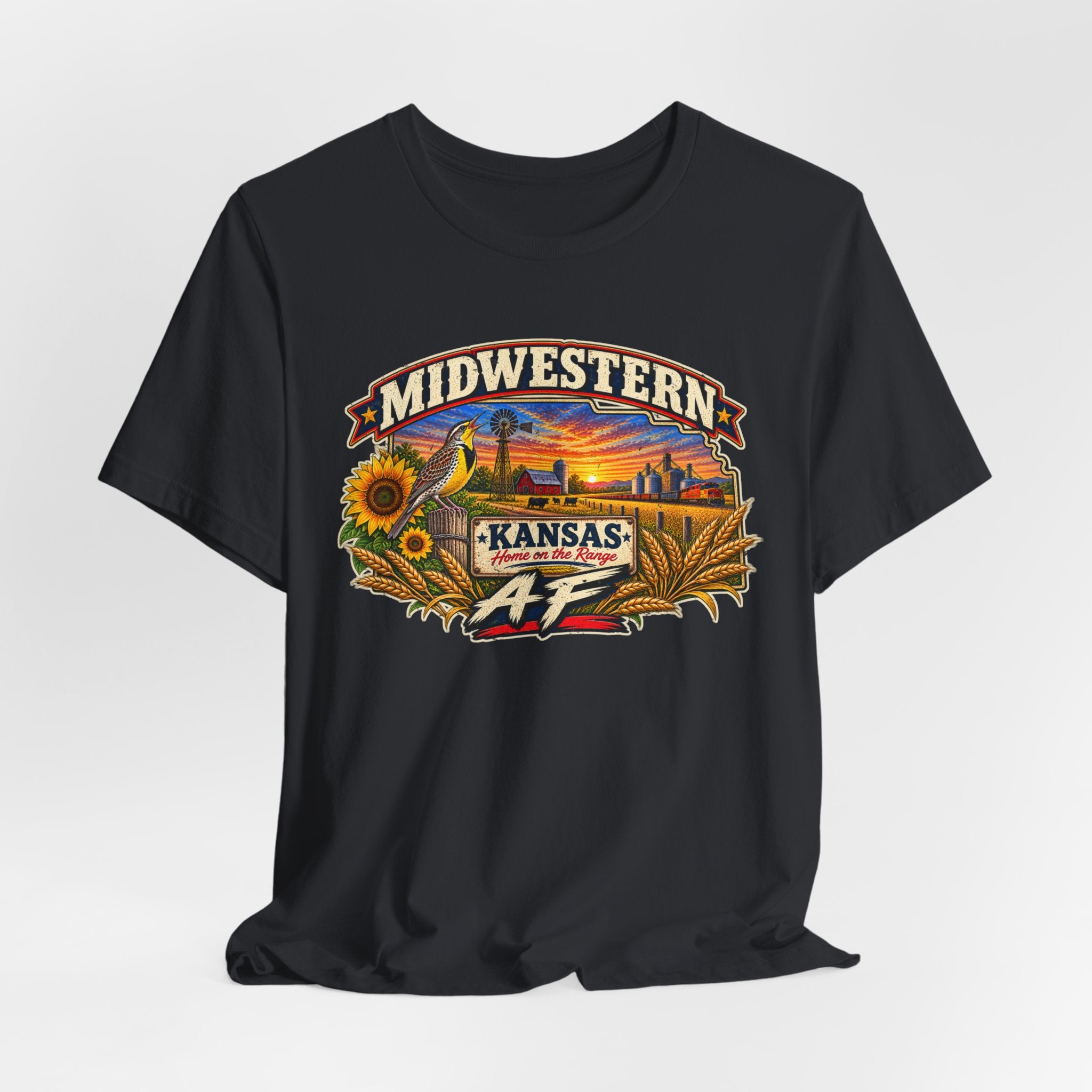 Vintage black Kansas AF T-shirt draped flat, full Sunflower State graphic