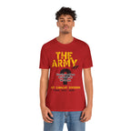 Man wearing the Personalized U.S. Army AF T-shirt in Red with gold THE ARMY lettering