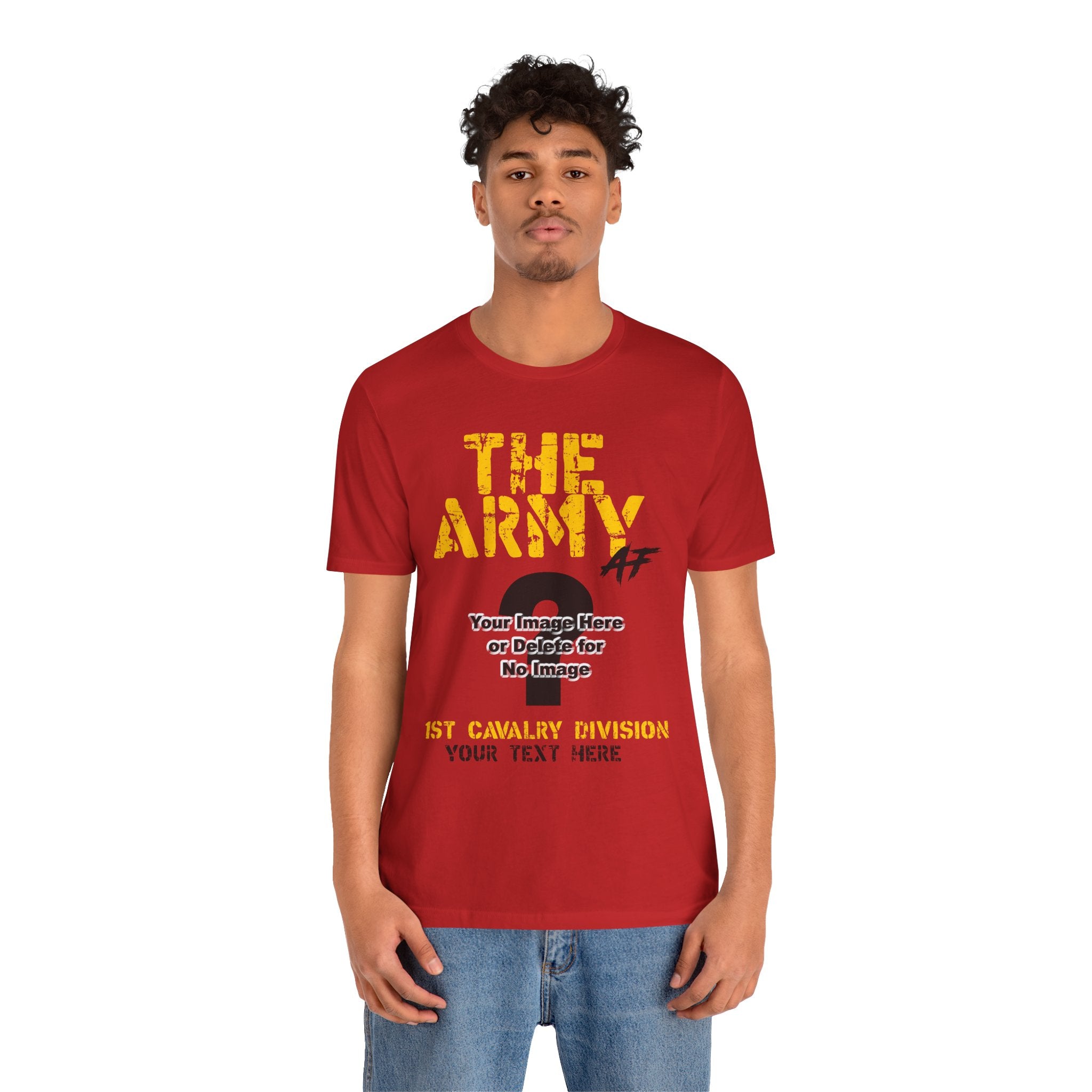 Man wearing the Personalized U.S. Army AF T-shirt in Red with gold THE ARMY lettering