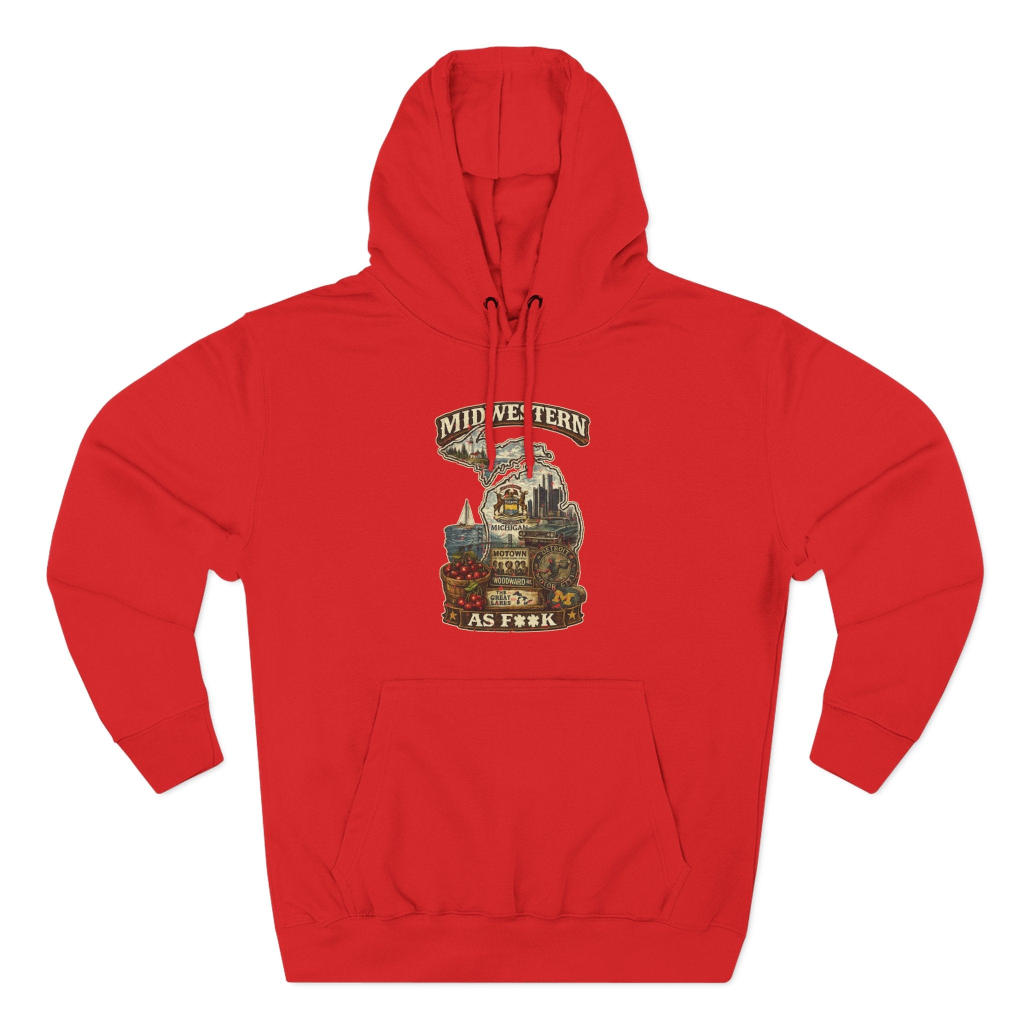 Slightly Salty Midwestern As F**K Michigan Hoodie in Red – a distressed vintage design featuring Michigan's Upper and Lower Peninsulas overlaid with the state outline, surrounded by Detroit's skyline, Woodward Avenue, the Great Lakes, and Traverse City cherries