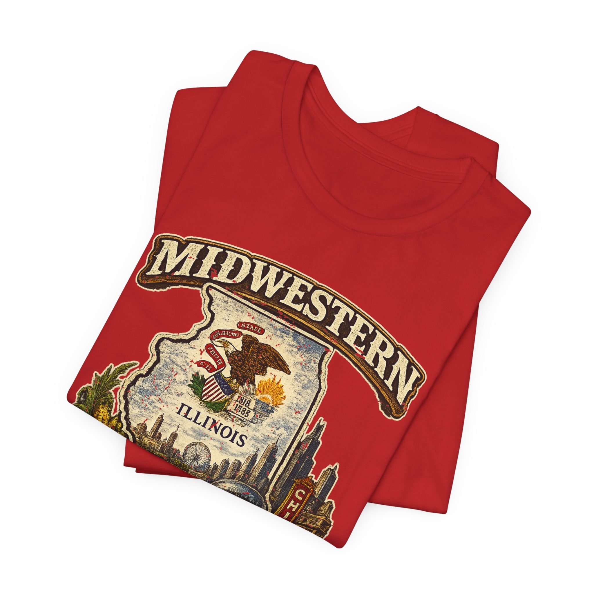 Family Friendly Midwestern AF Illinois T-Shirt – product photo 18 featuring a distressed vintage design featuring the Illinois state outline overlaid with the state flag, surrounded by the Chicago skyline, the Chicago Theatre sign, The Bean, deep-dish pizza, a Chicago-style hot dog, and towering corn fields