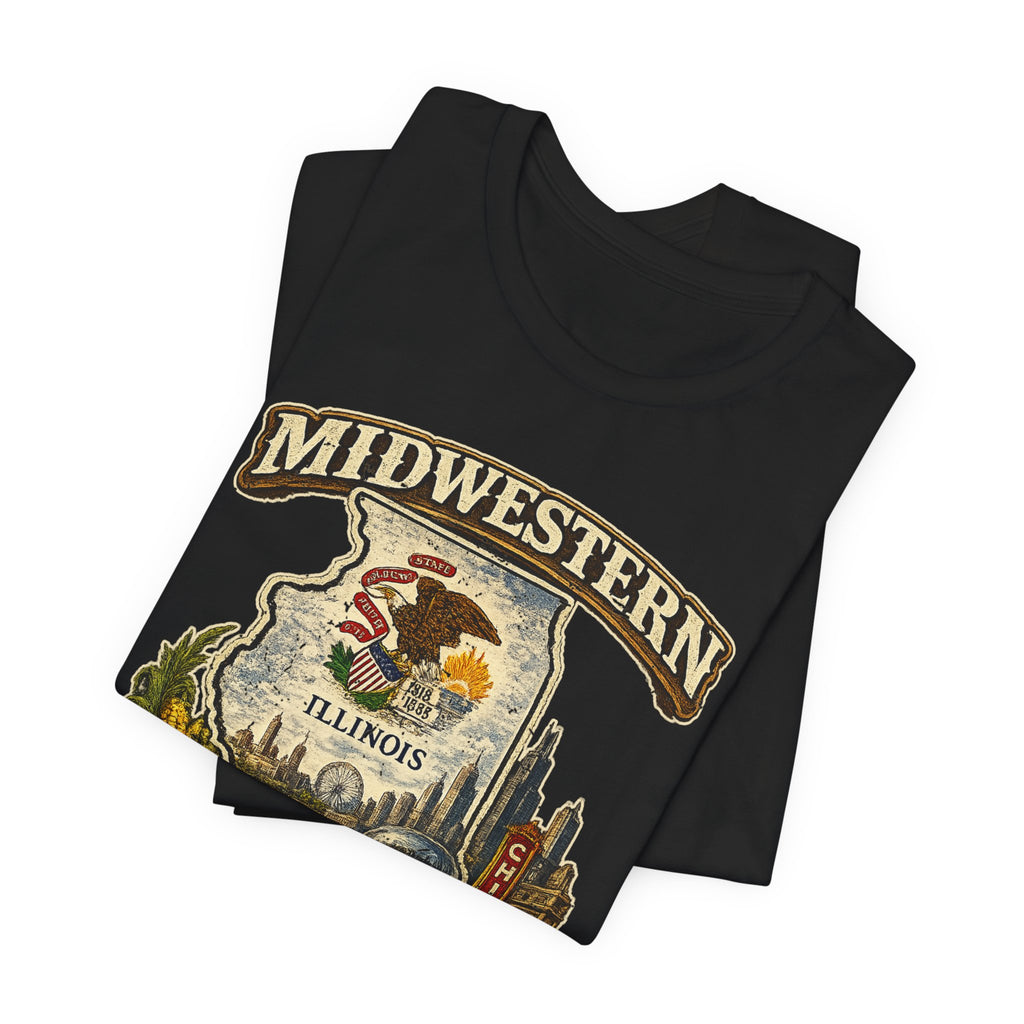 Family Friendly Midwestern AF Illinois T-Shirt – product photo 7 featuring a distressed vintage design featuring the Illinois state outline overlaid with the state flag, surrounded by the Chicago skyline, the Chicago Theatre sign, The Bean, deep-dish pizza, a Chicago-style hot dog, and towering corn fields
