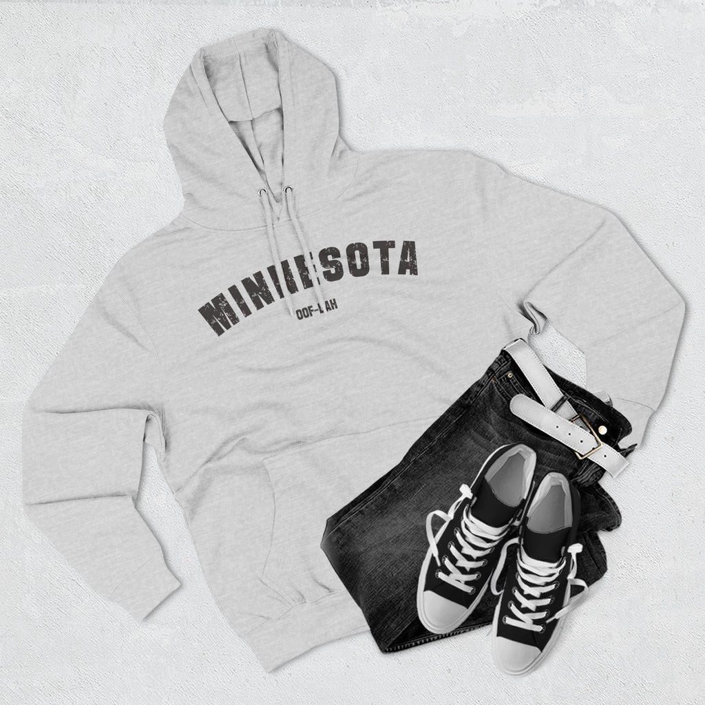 Heather grey Minnesota hoodie styled flat with jeans and trainers, varsity MINNESOTA over a custom line