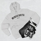 Heather grey Minnesota hoodie styled flat with jeans and trainers, varsity MINNESOTA over a custom line