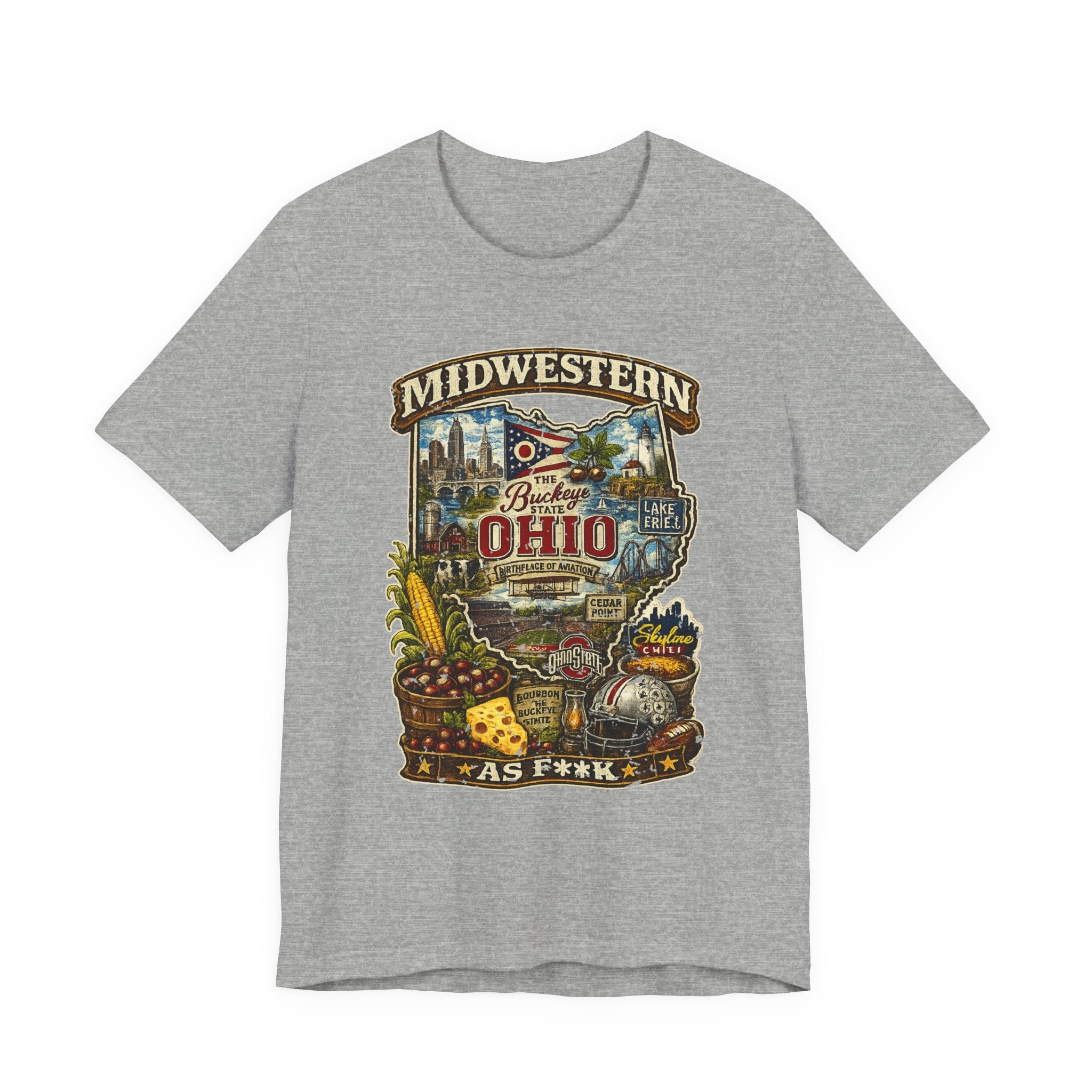 Ohio Midwestern As F**K t-shirt in athletic heather grey laid flat, Buckeye State vintage graphic