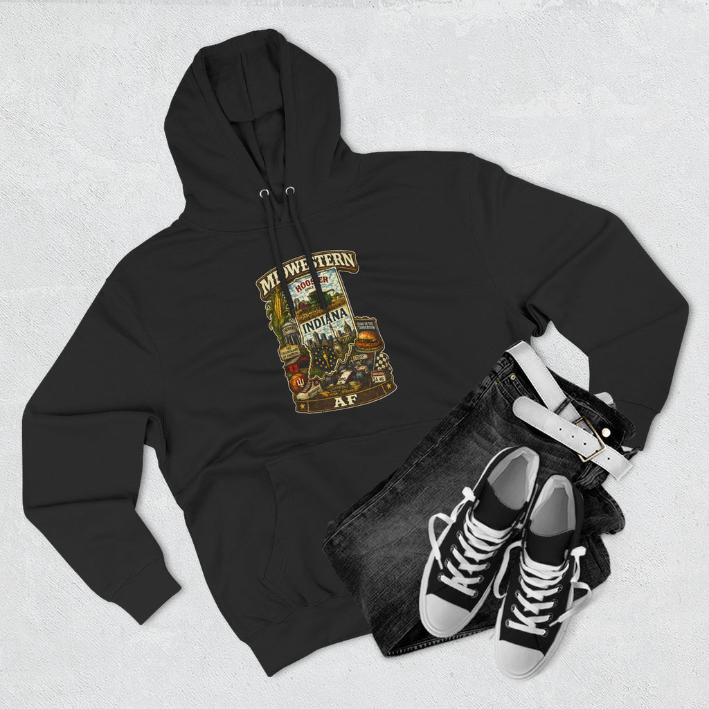 Indiana Midwestern AF Hoodie adjustable drawstring hood, family friendly Indianapolis Motor Speedway racing graphic