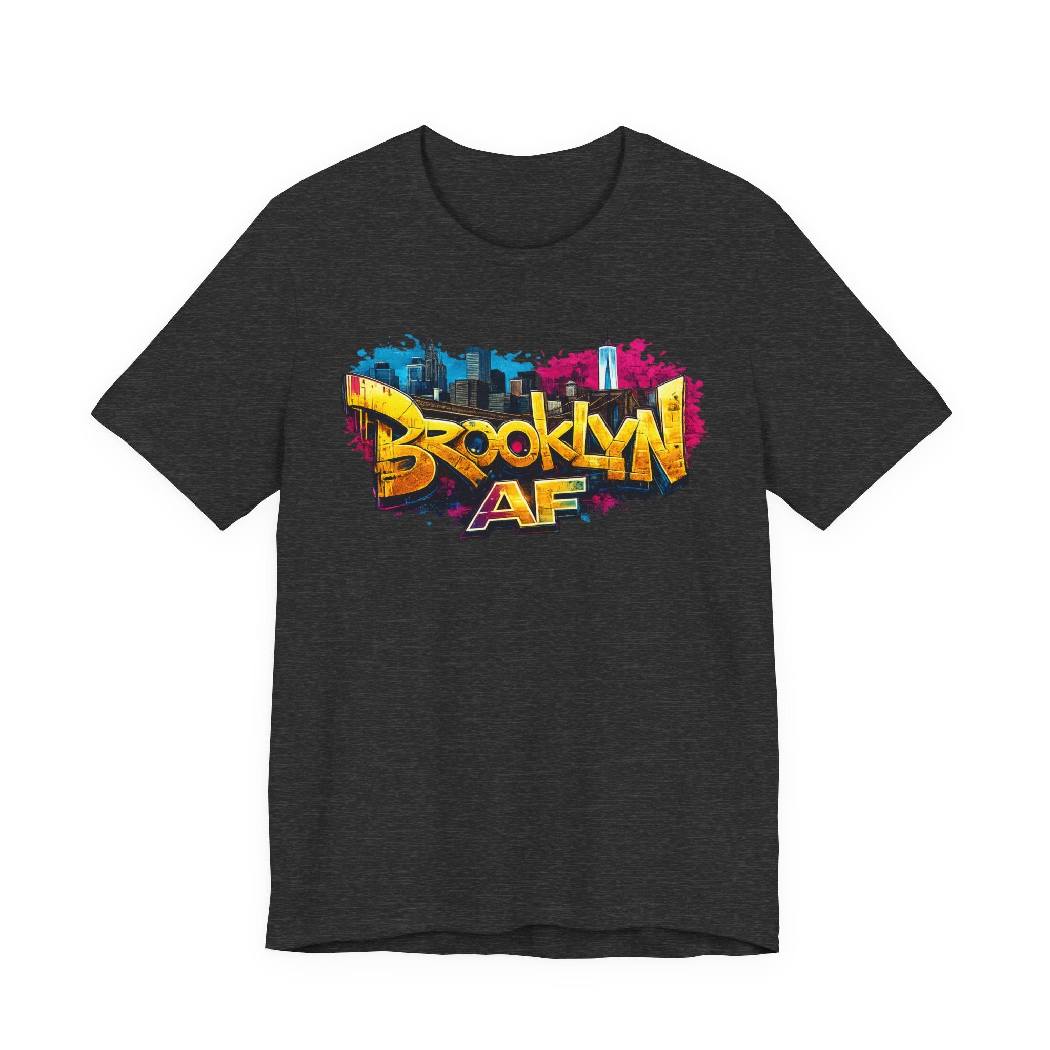 Dark Grey Heather t-shirt, front view flat lay, showing graffiti Brooklyn AF lettering over a skyline paint splash.