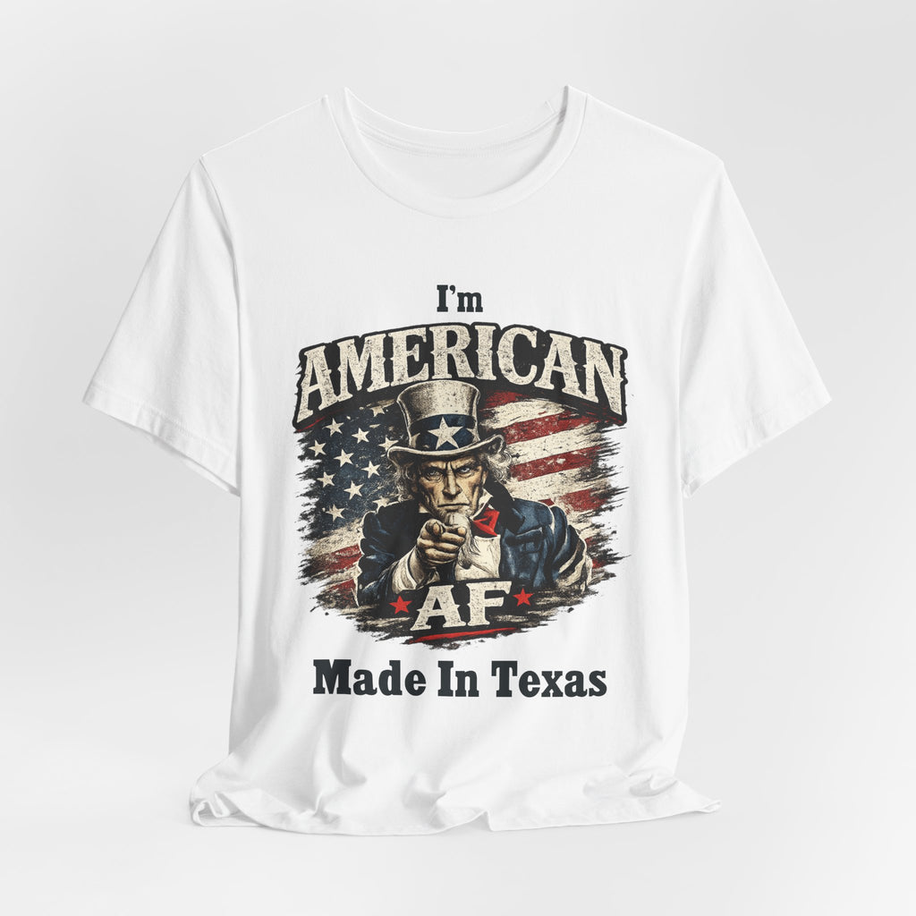 Military green flat lay tee showing Uncle Sam pointing graphic and 'Made In Texas' text
