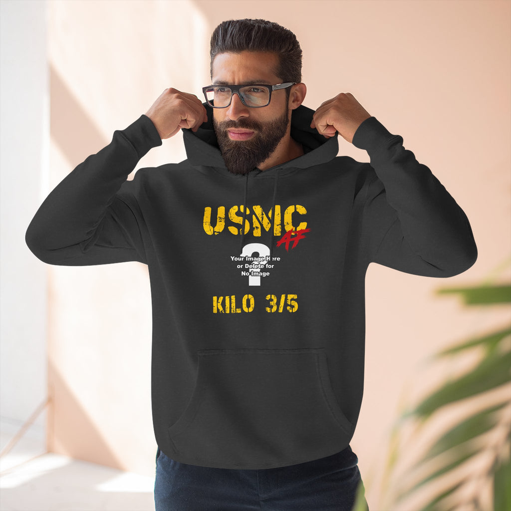 Personalized USMC Marine Corps AF hoodie in White styled flat with denim shorts and black sneakers