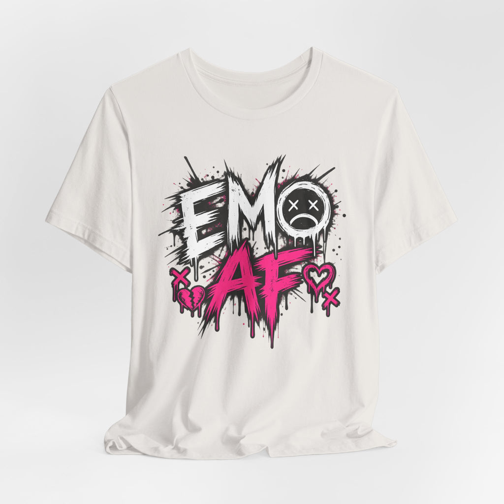 Vintage White EMO AF tee draped flat with the full front graphic