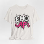 Vintage White EMO AF tee draped flat with the full front graphic