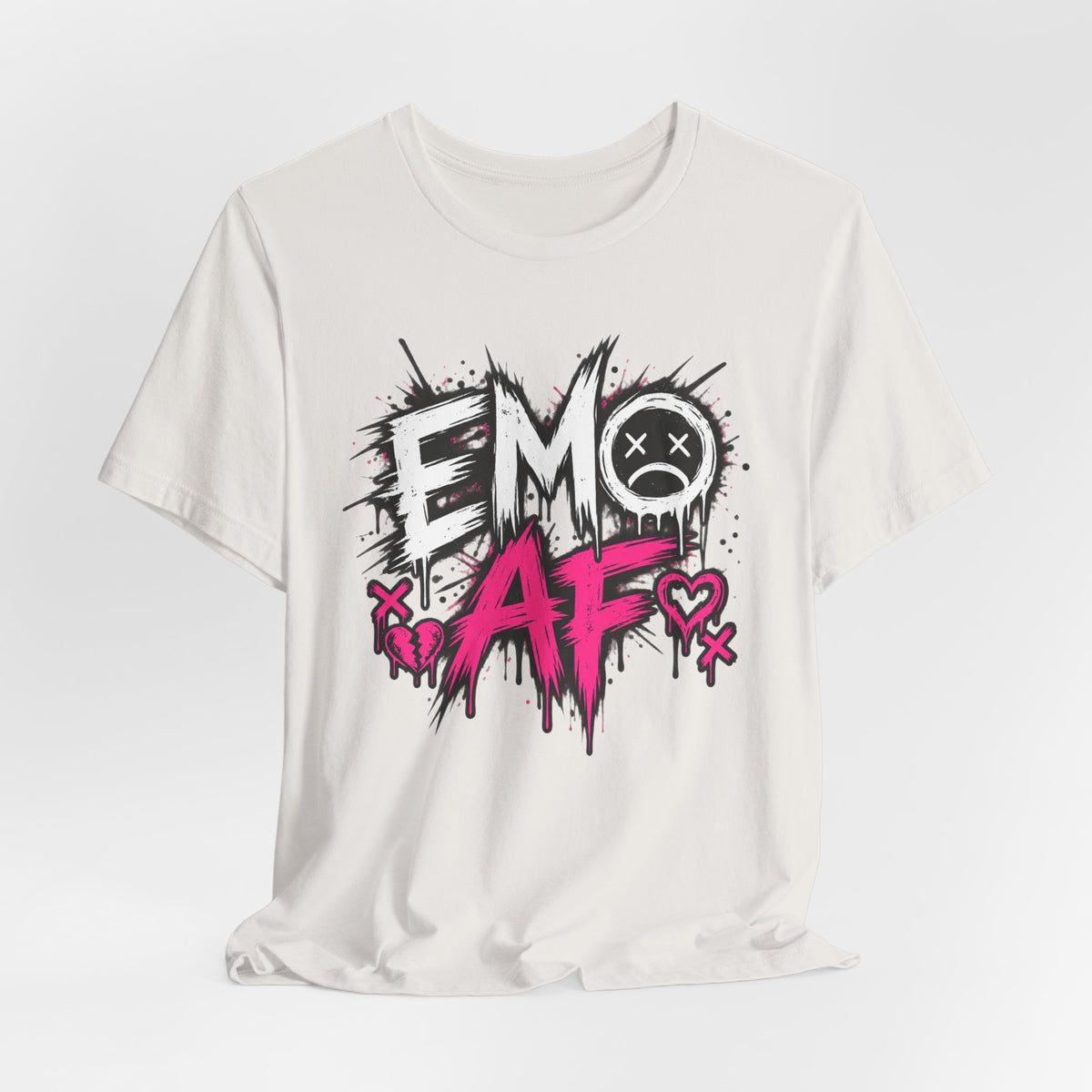 Vintage White EMO AF tee draped flat with the full front graphic