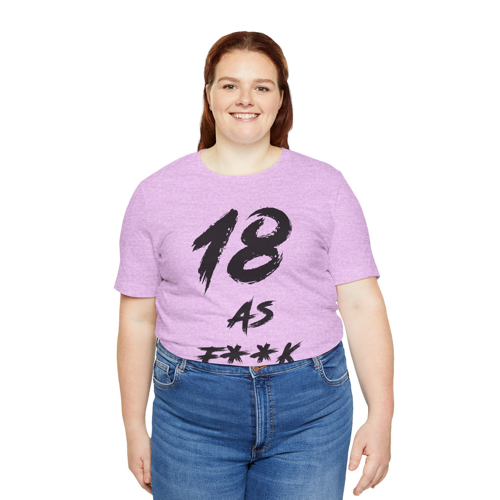Smiling woman in the Heather Prism Lilac tee with the black 18 AS F**K print