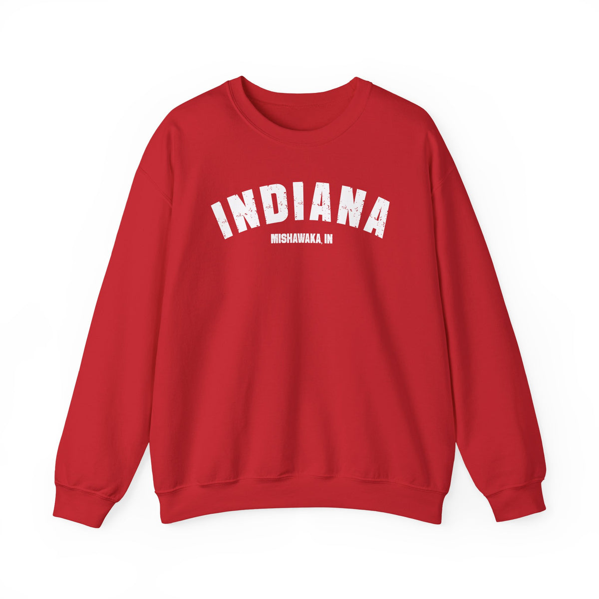 Personalized Indiana sweatshirt in Red laid flat, varsity INDIANA above a custom Mishawaka IN hometown line