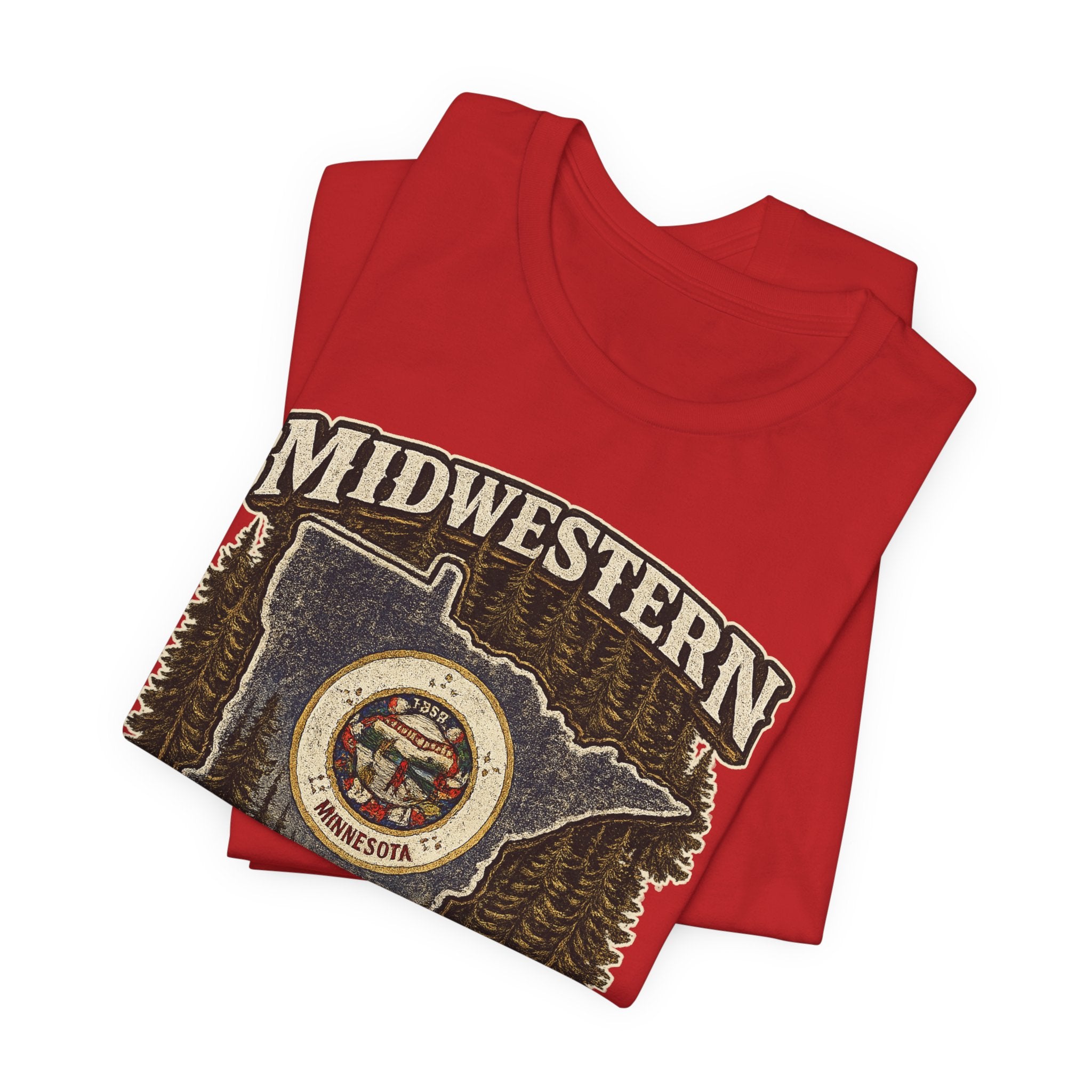 Family Friendly Midwestern AF Minnesota T-Shirt – product photo 19 featuring the distressed state flag, pine trees, loon and walleye design