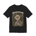 Slightly Salty Midwestern As F**K Minnesota T-Shirt in Black – distressed Minnesota state flag design with pine trees, loon and walleye
