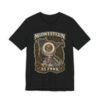 Slightly Salty Midwestern As F**K Minnesota T-Shirt in Black – distressed Minnesota state flag design with pine trees, loon and walleye