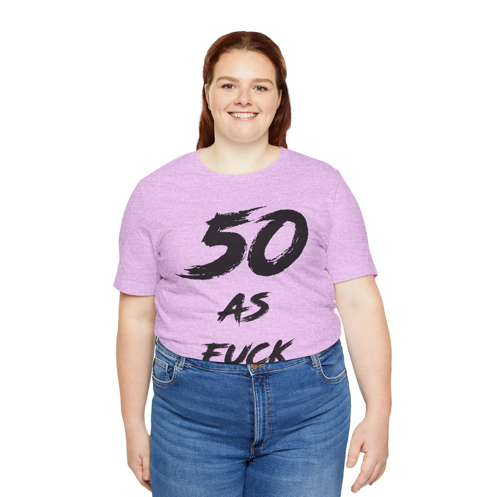 Smiling woman in the Heather Prism Lilac tee with the black 50 AS FUCK print