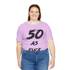 Smiling woman in the Heather Prism Lilac tee with the black 50 AS FUCK print