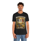 Slightly Salty Midwestern As F**K Iowa T-Shirt – product photo 7 featuring a distressed vintage design featuring the outline of Iowa overlaid with the Iowa state flag, surrounded by towering corn stalks, rolling farmland, a classic red barn, a windmill, a tractor, and an overflowing harvest basket