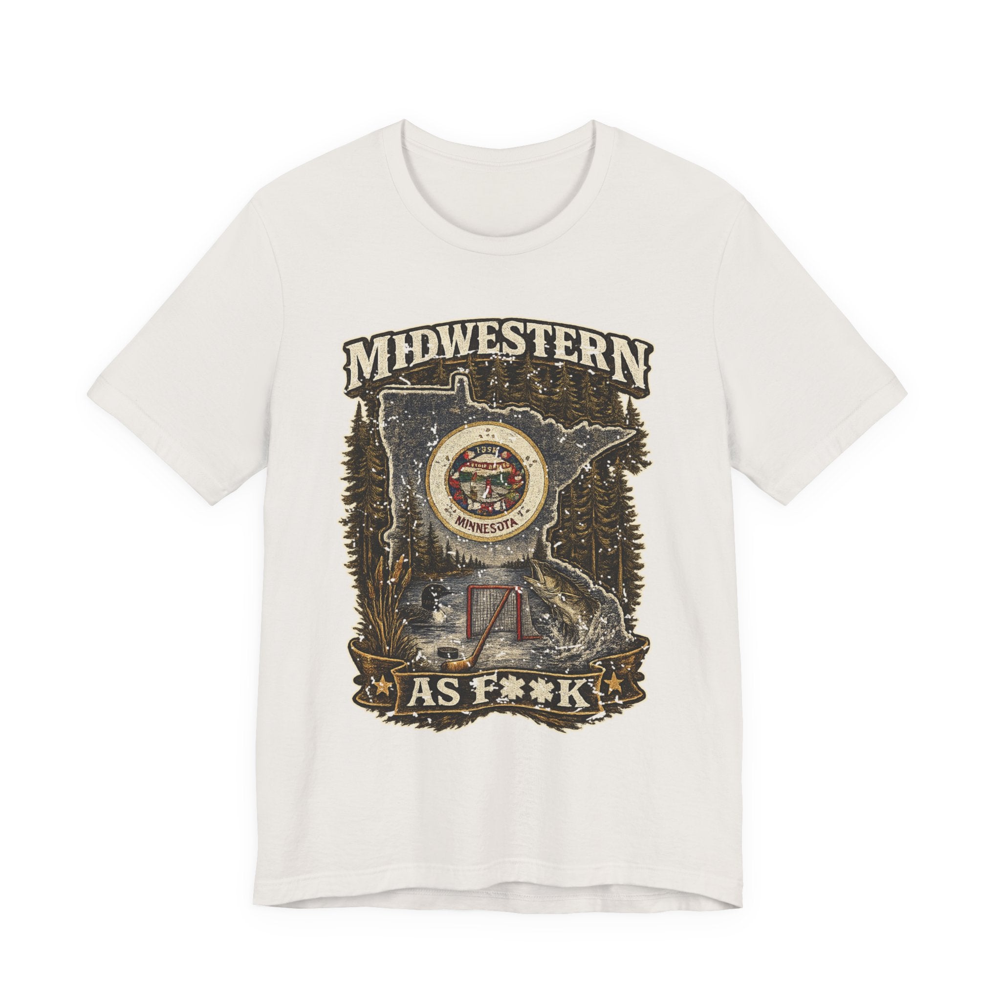 Slightly Salty Midwestern As F**K Minnesota T-Shirt in Vintage White – distressed Minnesota state flag design with pine trees, loon and walleye