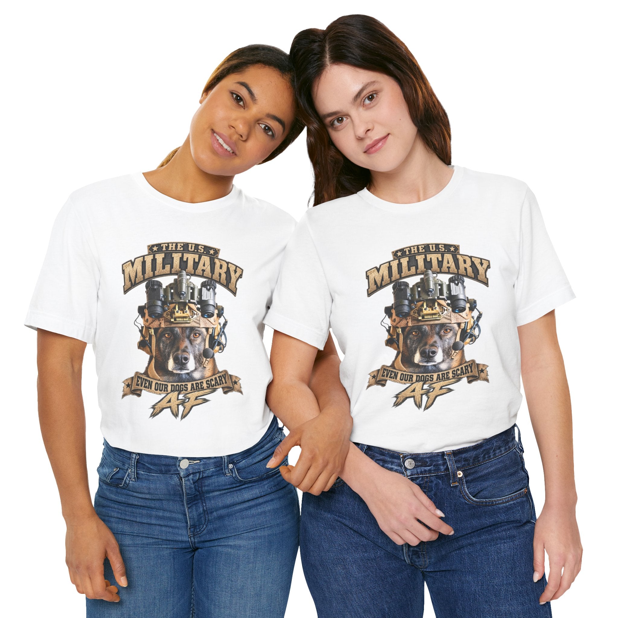 Two women wearing the Military K-9 T-shirt in White, front view