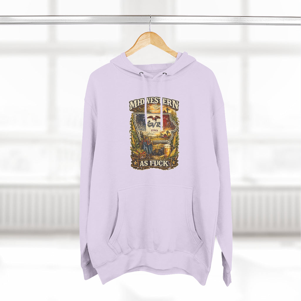 Midwestern As Fuck Iowa Hoodie – product photo 22 featuring a distressed vintage design featuring the outline of Iowa overlaid with the Iowa state flag, surrounded by towering corn stalks, rolling farmland, a classic red barn, a windmill, a tractor, and an overflowing harvest basket