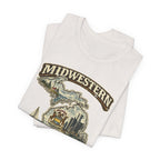 Midwestern As Fuck Michigan T-Shirt – product photo 24 featuring a distressed vintage design featuring Michigan's Upper and Lower Peninsulas overlaid with the state outline, surrounded by Detroit's skyline, Woodward Avenue, the Great Lakes, and Traverse City cherries