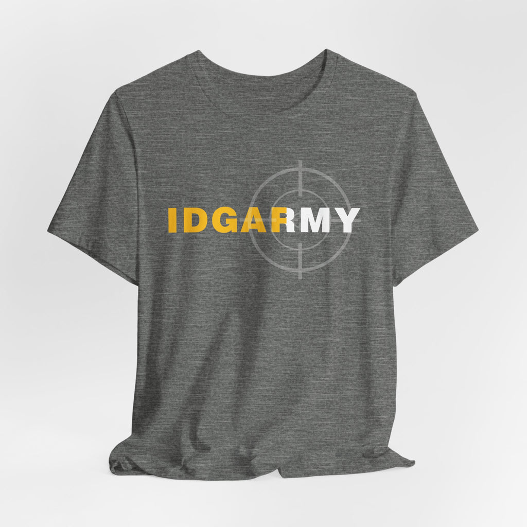 Heather grey IDGAF Army tee styled on a pale background, gold and white front lettering