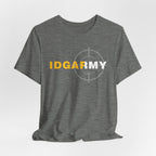 Heather grey IDGAF Army tee styled on a pale background, gold and white front lettering