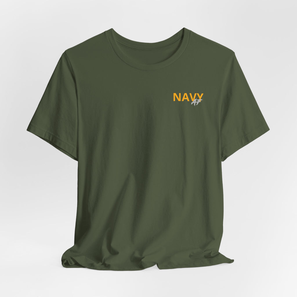 Navy veteran T-shirt in Military Green shown draped with the gold NAVY chest print