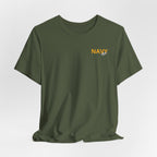Navy veteran T-shirt in Military Green shown draped with the gold NAVY chest print
