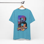 Heather Aqua tee on a hanger, front view, showing the oversized "B" Brooklyn Bridge sunset skyline graphic.