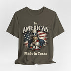 Mustard yellow t-shirt casually draped, showing the Uncle Sam graphic and AF Made In Texas text.