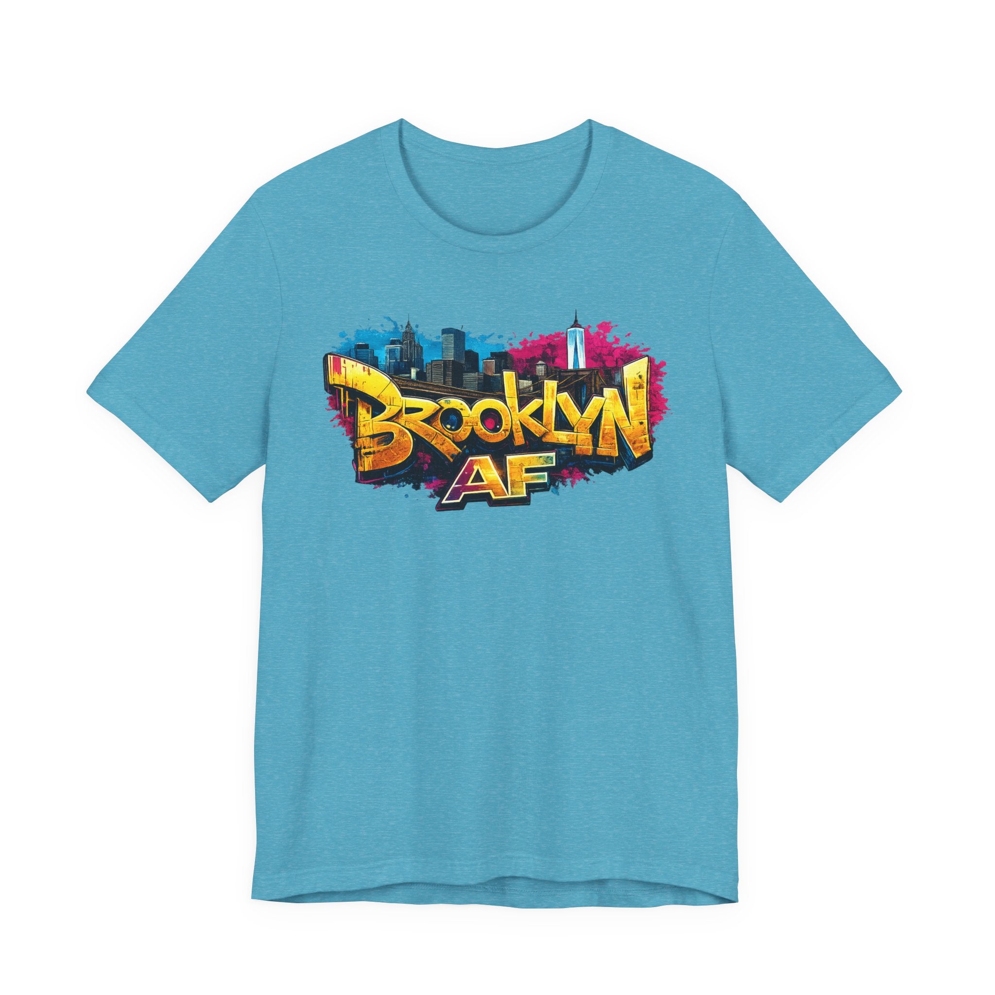 Heather Aqua t-shirt, front view flat lay, featuring graffiti-style Brooklyn AF lettering over a skyline paint splash.