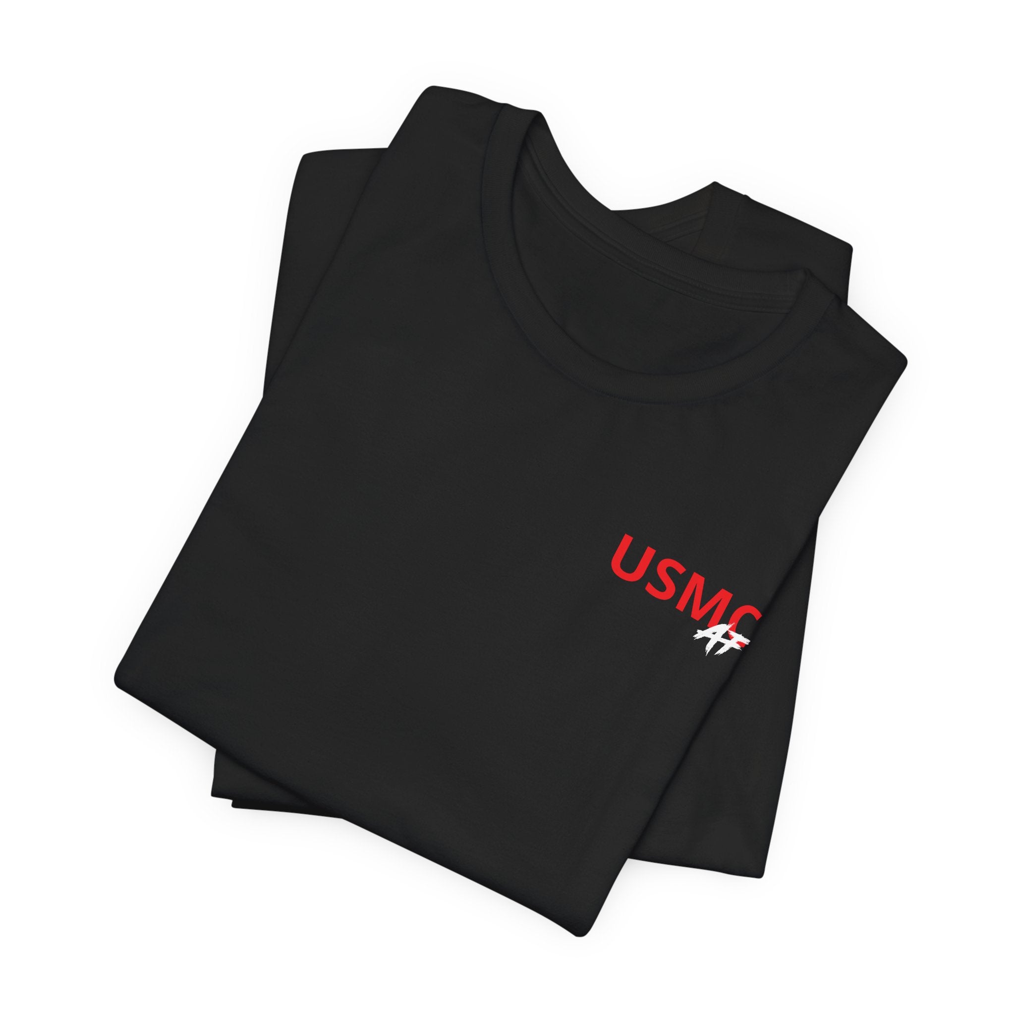 Marine Corps veteran T-shirt in Black shown folded with the personalized USMC AF chest print
