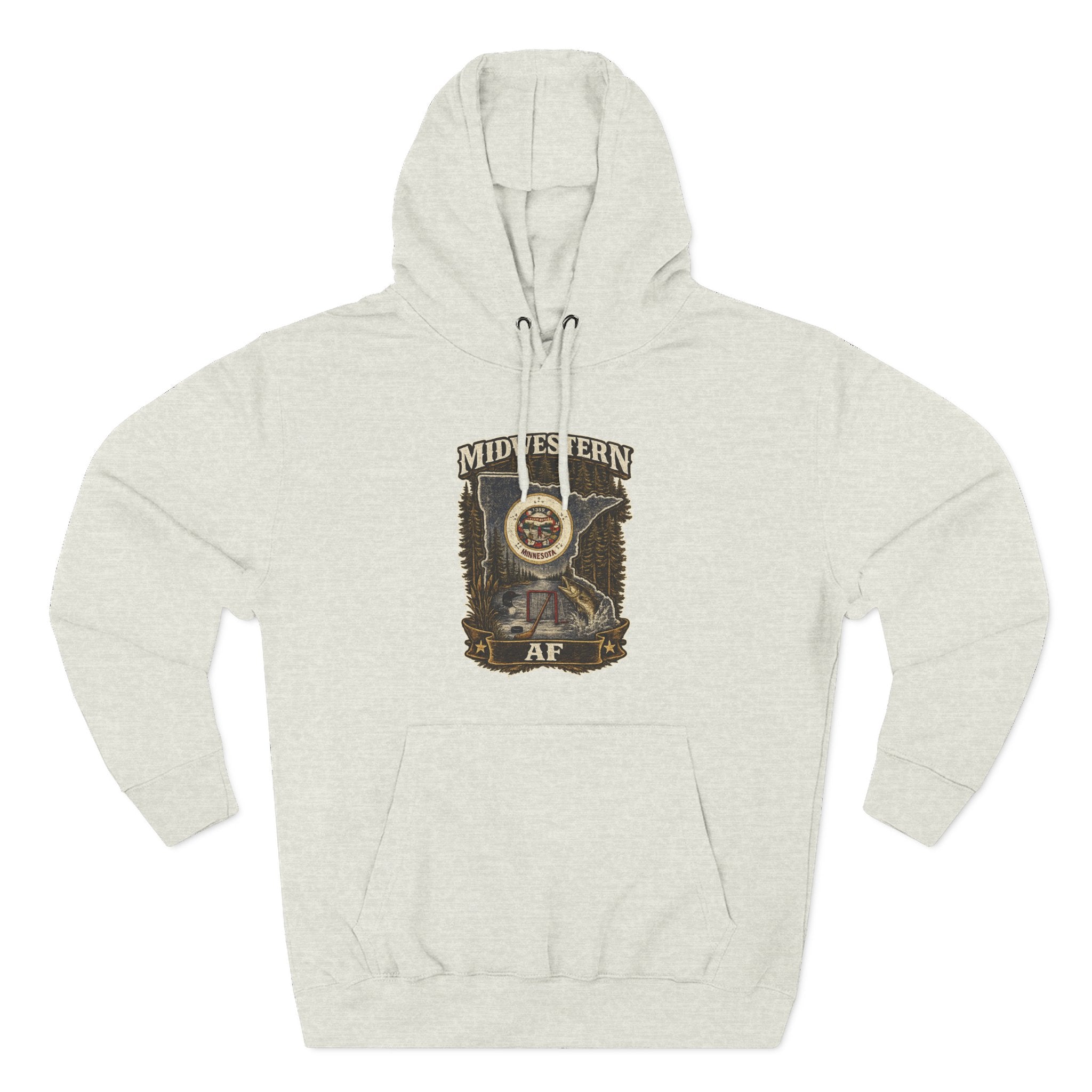Family Friendly Midwestern AF Minnesota Hoodie in Oatmeal Heather – distressed Minnesota state flag design with pine trees, loon and walleye