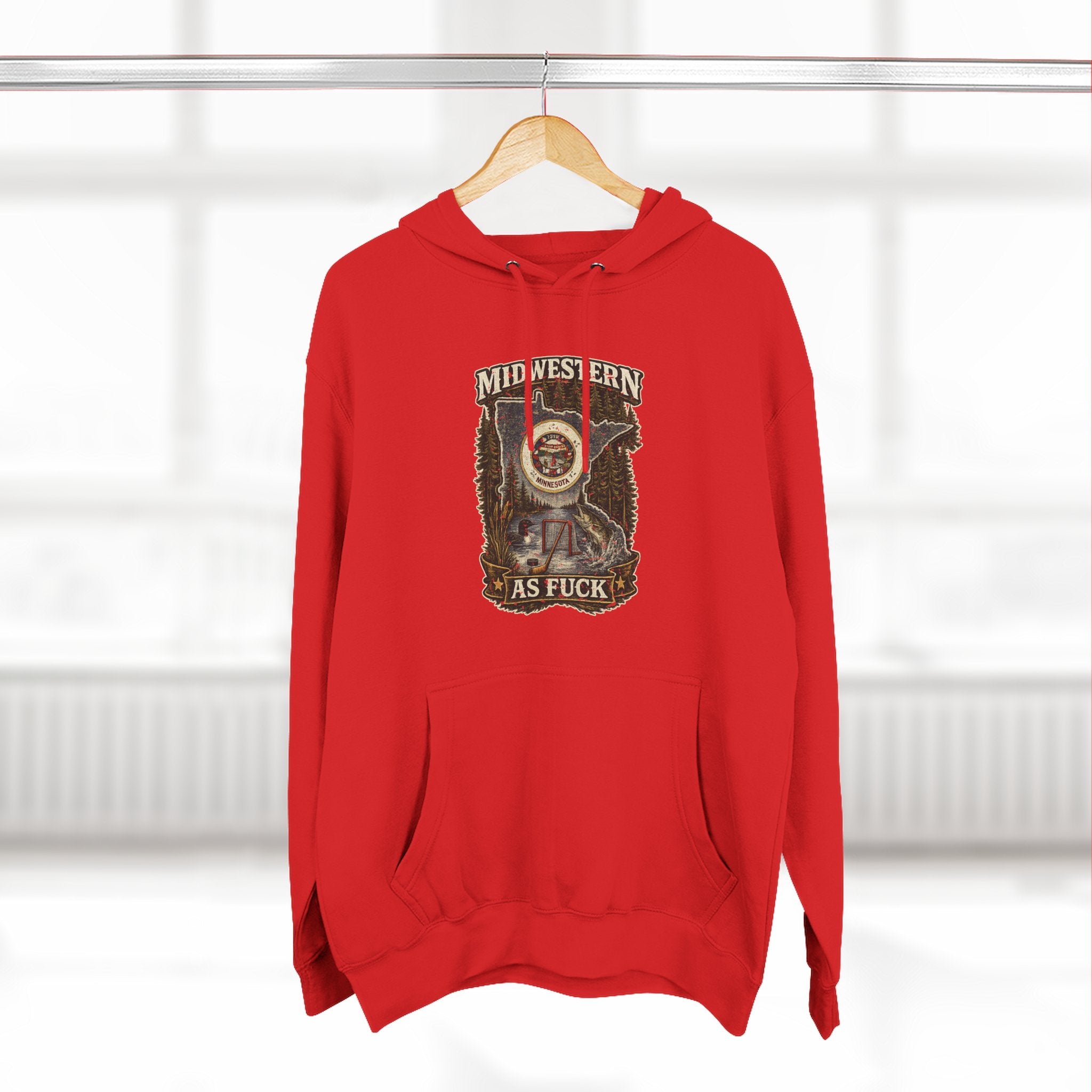 No Filter Midwestern As Fuck Minnesota Hoodie – product photo 10 featuring the distressed state flag, pine trees, loon and walleye design