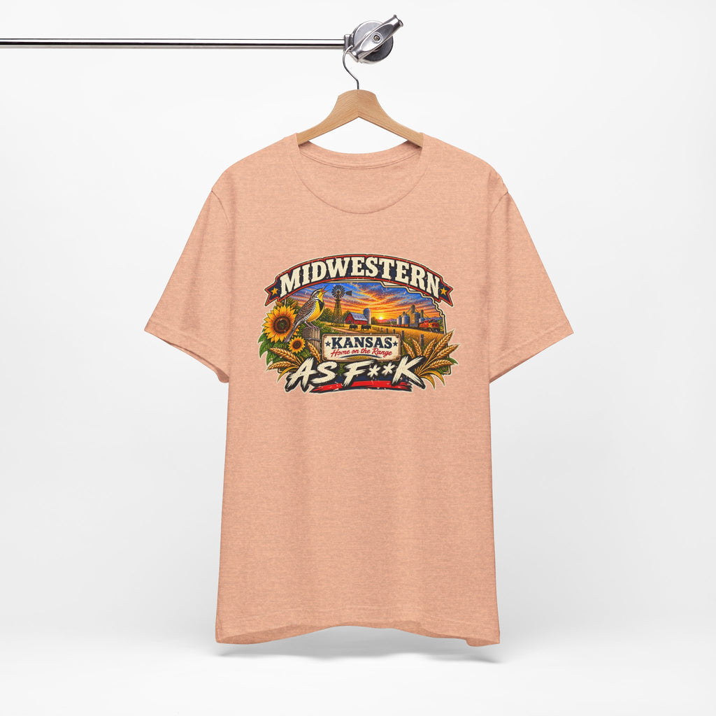 Heather peach Kansas As F**K tee on a wooden hanger, front print facing out