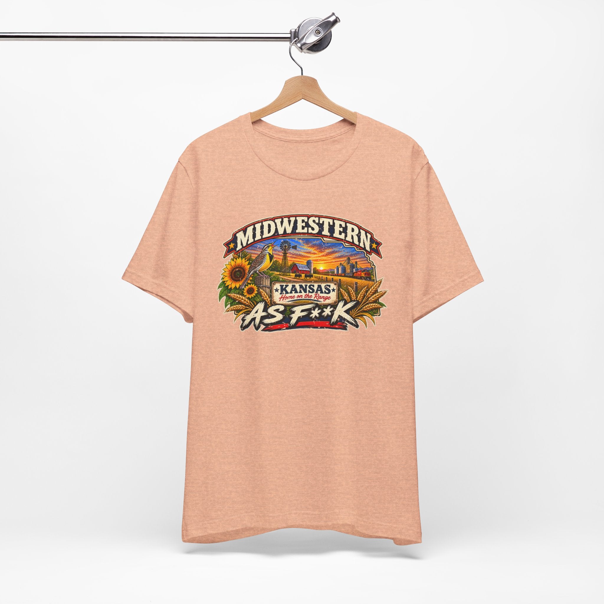 Heather peach Kansas As F**K tee on a wooden hanger, front print facing out