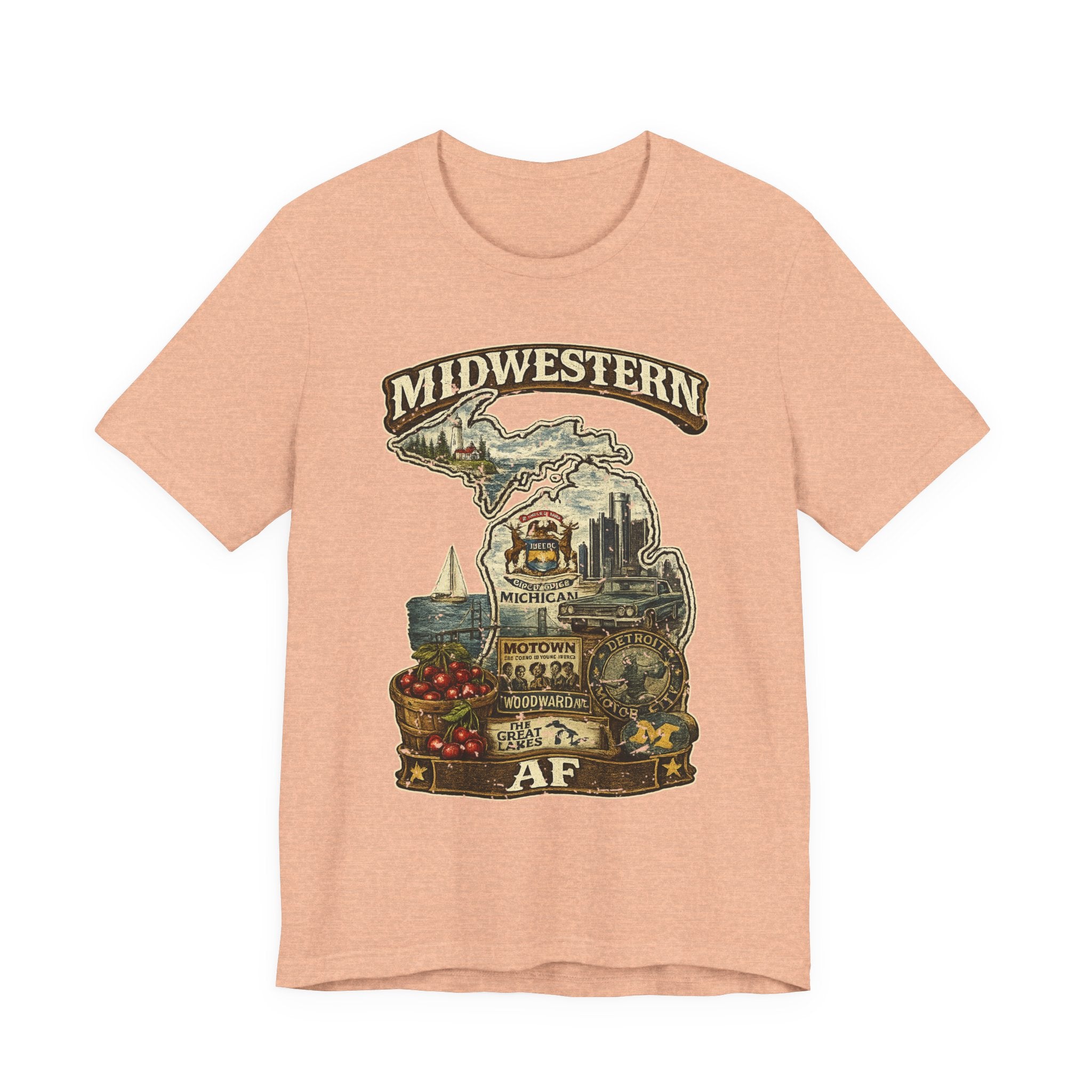 Family Friendly Midwestern AF Michigan T-Shirt in Heather Peach – a distressed vintage design featuring Michigan's Upper and Lower Peninsulas overlaid with the state outline, surrounded by Detroit's skyline, Woodward Avenue, the Great Lakes, and Traverse City cherries